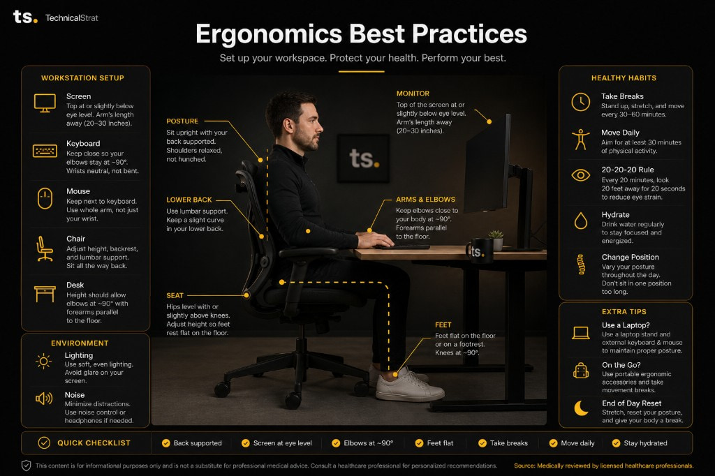 Ergonomics best practices infographic showing proper monitor, chair, keyboard, and posture positioning at a desk workstation