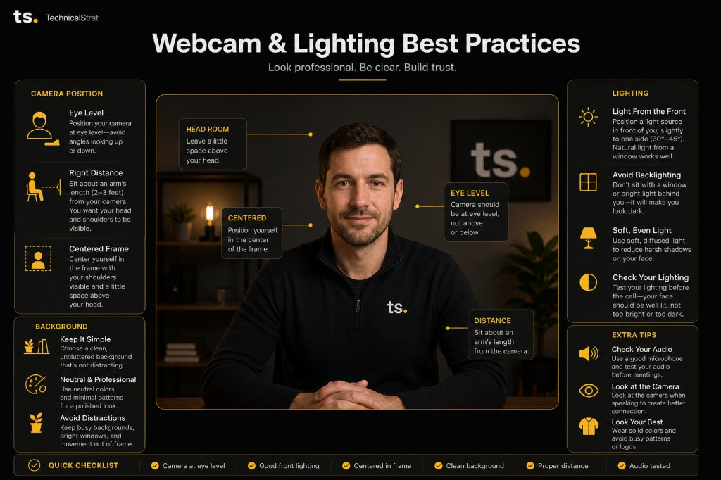 Webcam and lighting best practices infographic showing camera position, lighting placement, and background tips
